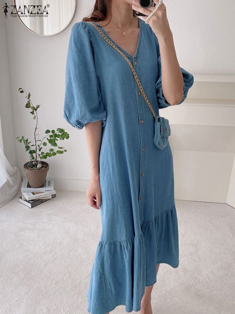 Oversized Vintage Denim Blue Ruffle Maxi Dress