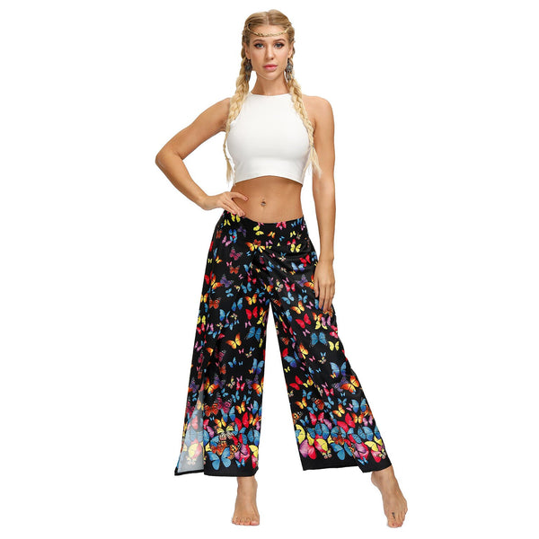 Casual Print Color Slit Hollow Out Loose Style Beach Pants