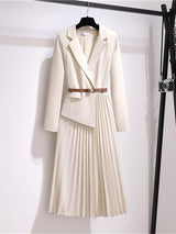 Vintage Korean Pleated Irregular Belted Winter Dress