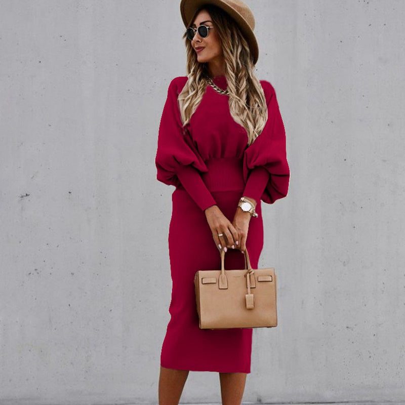 Women Fashion O-neck Lantern Long Sleeve Pencil Dress Autumn Winter