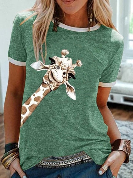Women Giraffe Print Cute Cotton O-Neck T-shirt