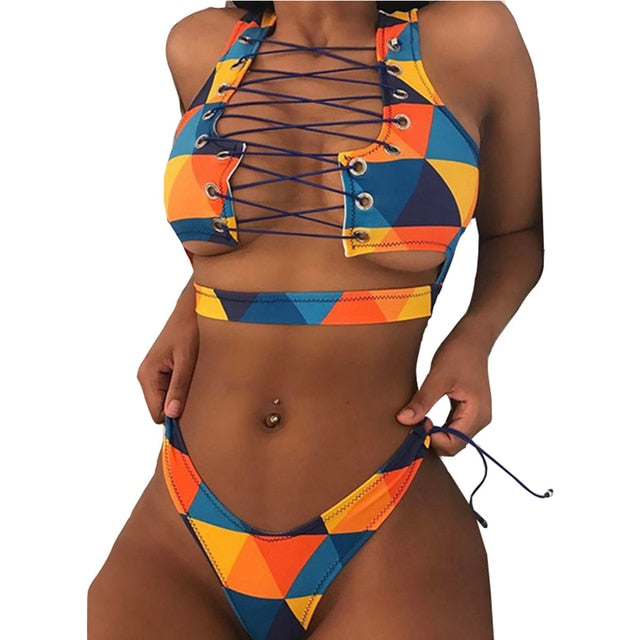 Lace Up Bandeau Push Up New African Print Thong