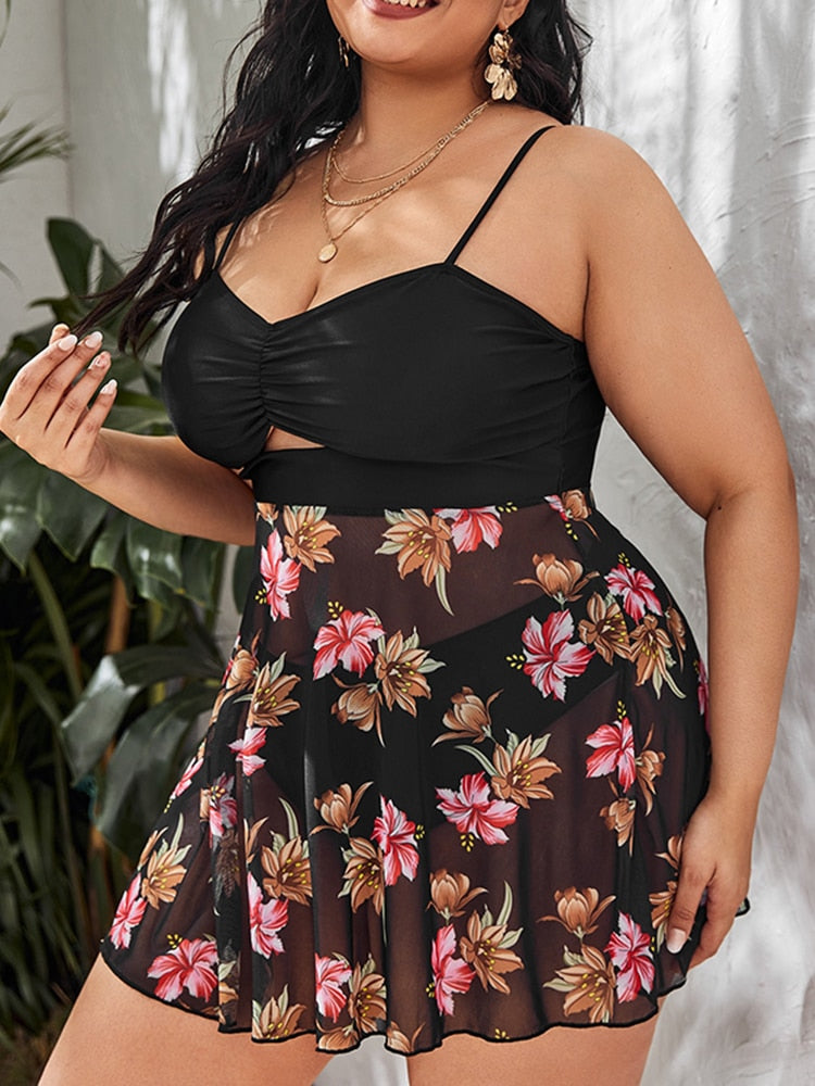 Two Piece Laced Bandeau Push Up Mesh Swimdress  With Skirt