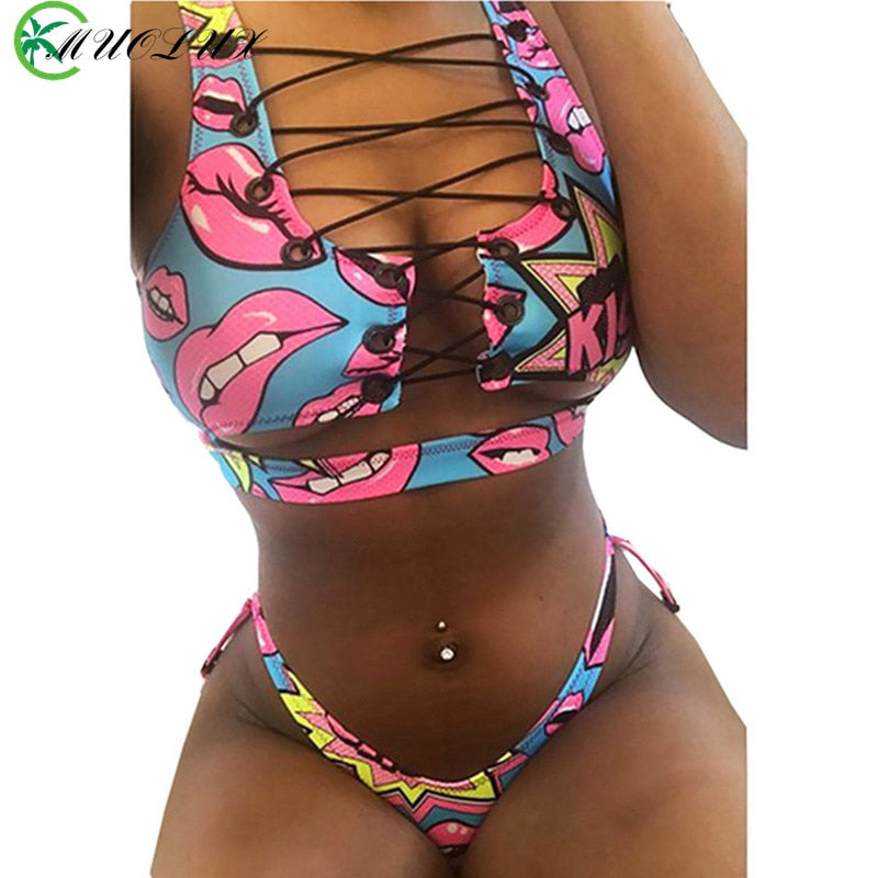 Lace Up Bandeau Push Up New African Print Thong