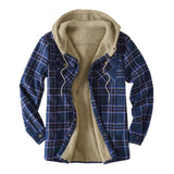 Casual Hooded Plaid  Flannel Shirt Jacket For  Winter Thick Velvet Lined