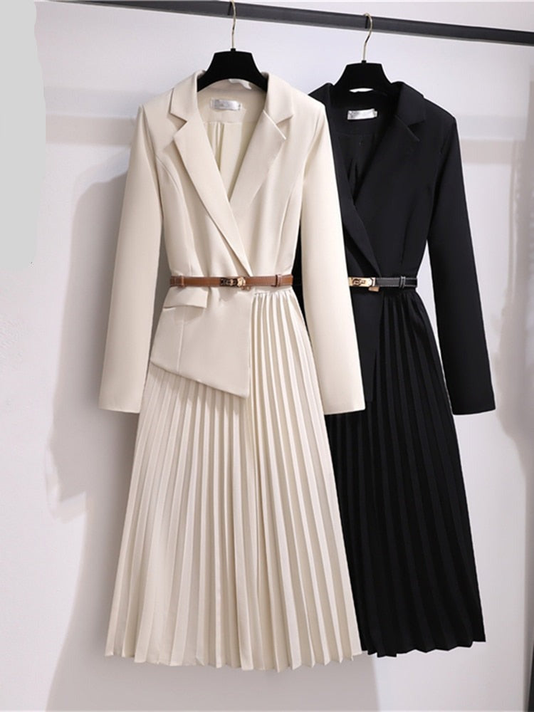 Vintage Korean Pleated Irregular Belted Winter Dress