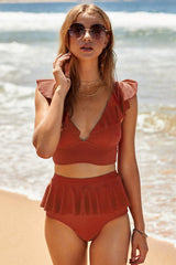Red Open Back Ruched Halter Top Shorts Tankini Set