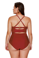 Red Strappy Neck Detail High Waist Swimsuit