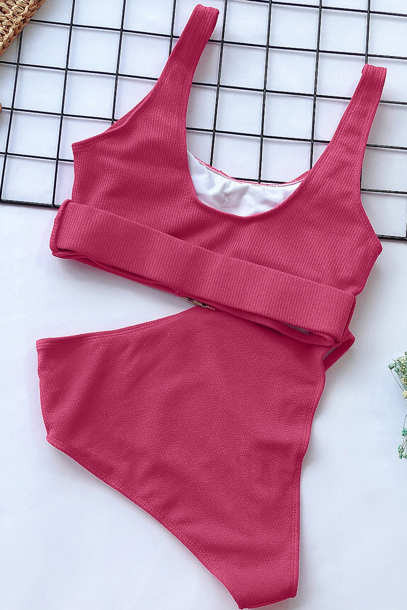 Rose Textured Buckle Front Top With High Waist Bikini