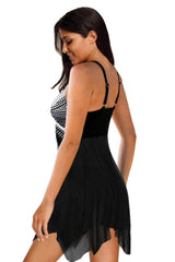 Black Retro Polka Dot Print Handkerchief Hem Tankini Set