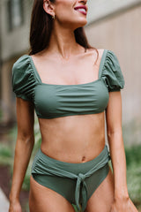 Green Sexy Bubble Sleeves High Waisted Swimsuit