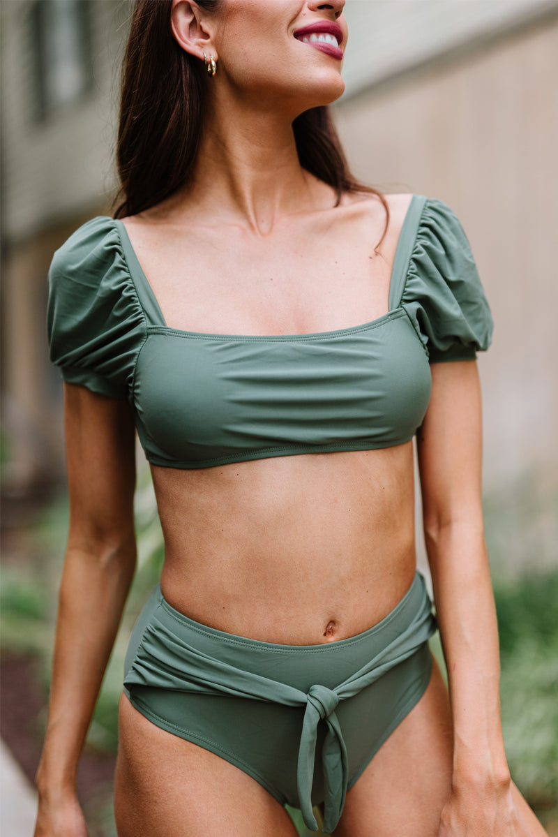 Green Sexy Bubble Sleeves High Waisted Swimsuit