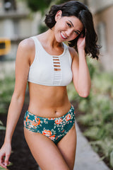 Green 2pcs Floral Print Hollow Out High Waisted Swimsuit