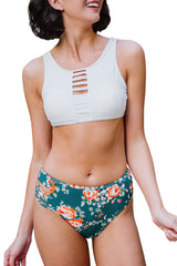 Green 2pcs Floral Print Hollow Out High Waisted Swimsuit