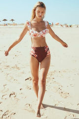 Red Floral High Waist Ruffle Underwire Bikini Swimsuit