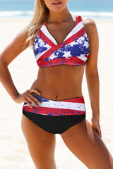 Red Tie-dye Flag Print Wrap V Neck Lace-up Back Bikini