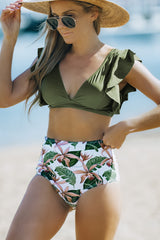 Green Floral Ruffled Hem High Waist Bikini Set