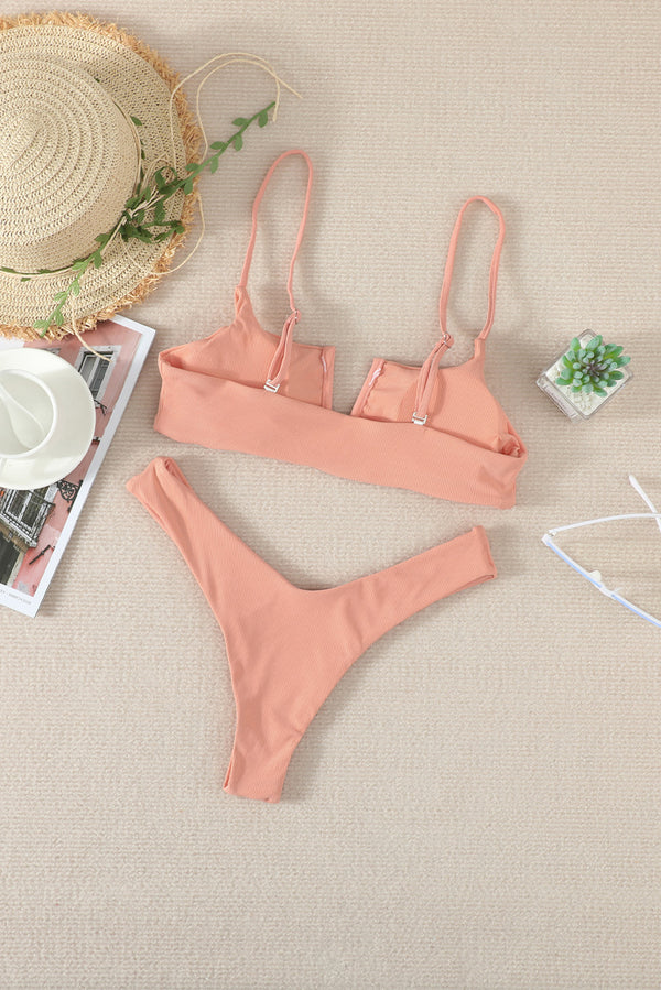 Pink Ribbed Spaghetti Strap High Cut Bikini