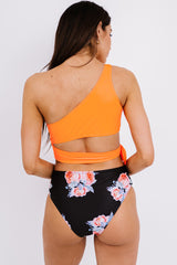 Orange One-shoulder Self-tie Floral Bottom Two-piece Bikini Set