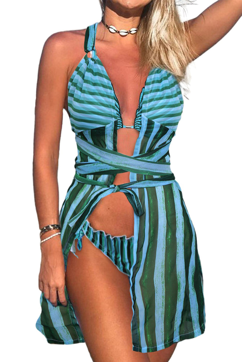 Blue Stripe Print 3pcs Swimsuit with Cover Up