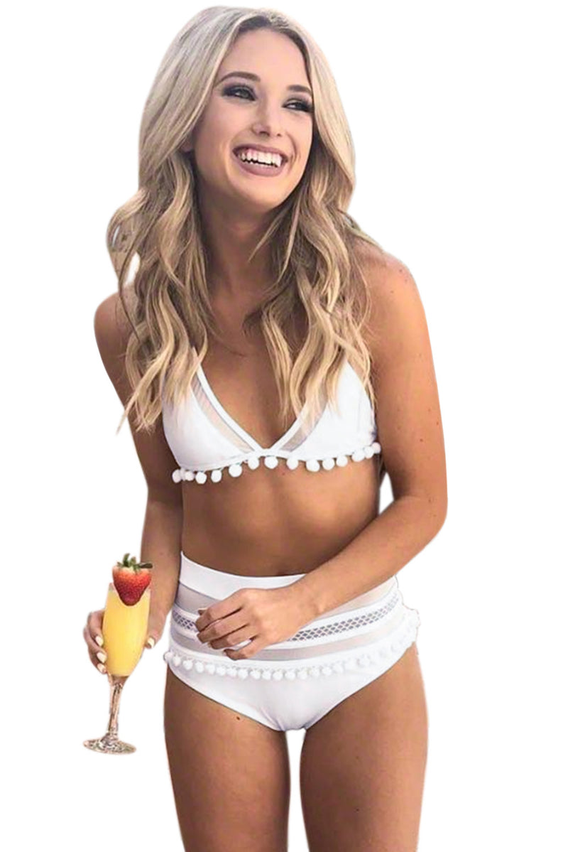 White Pom Pom Mesh Insert High Waisted Swimsuit