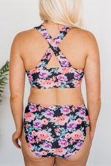 Black Crisscross Floral Print Bikini Swimwear