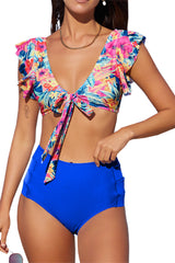 Floral Print Front Tie High Waist Bikini Swimsuit with Ruffles