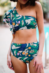 Green Floral Print Ruffled Single Shoulder High Waisted Swimsuit