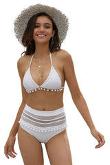 White Pom Pom Mesh Insert High Waisted Swimsuit