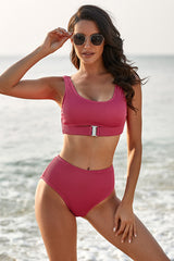 Rose Textured Buckle Front Top With High Waist Bikini
