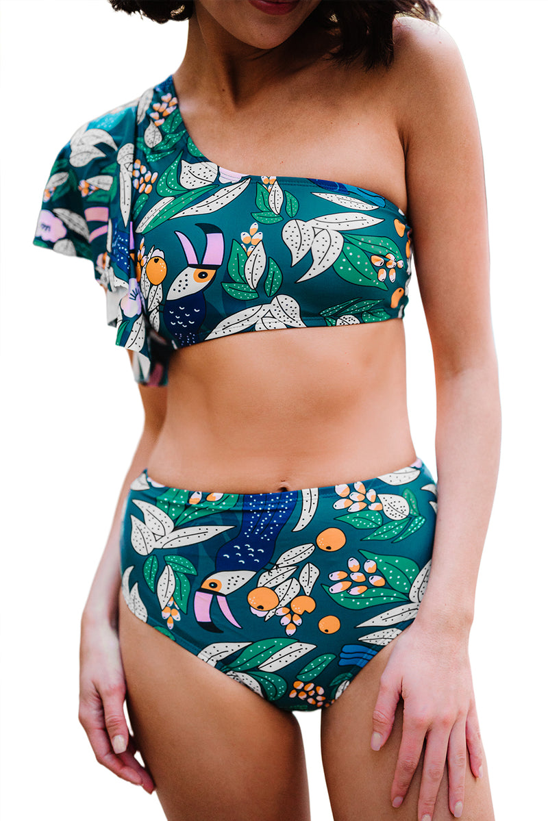 Green Floral Print Ruffled Single Shoulder High Waisted Swimsuit
