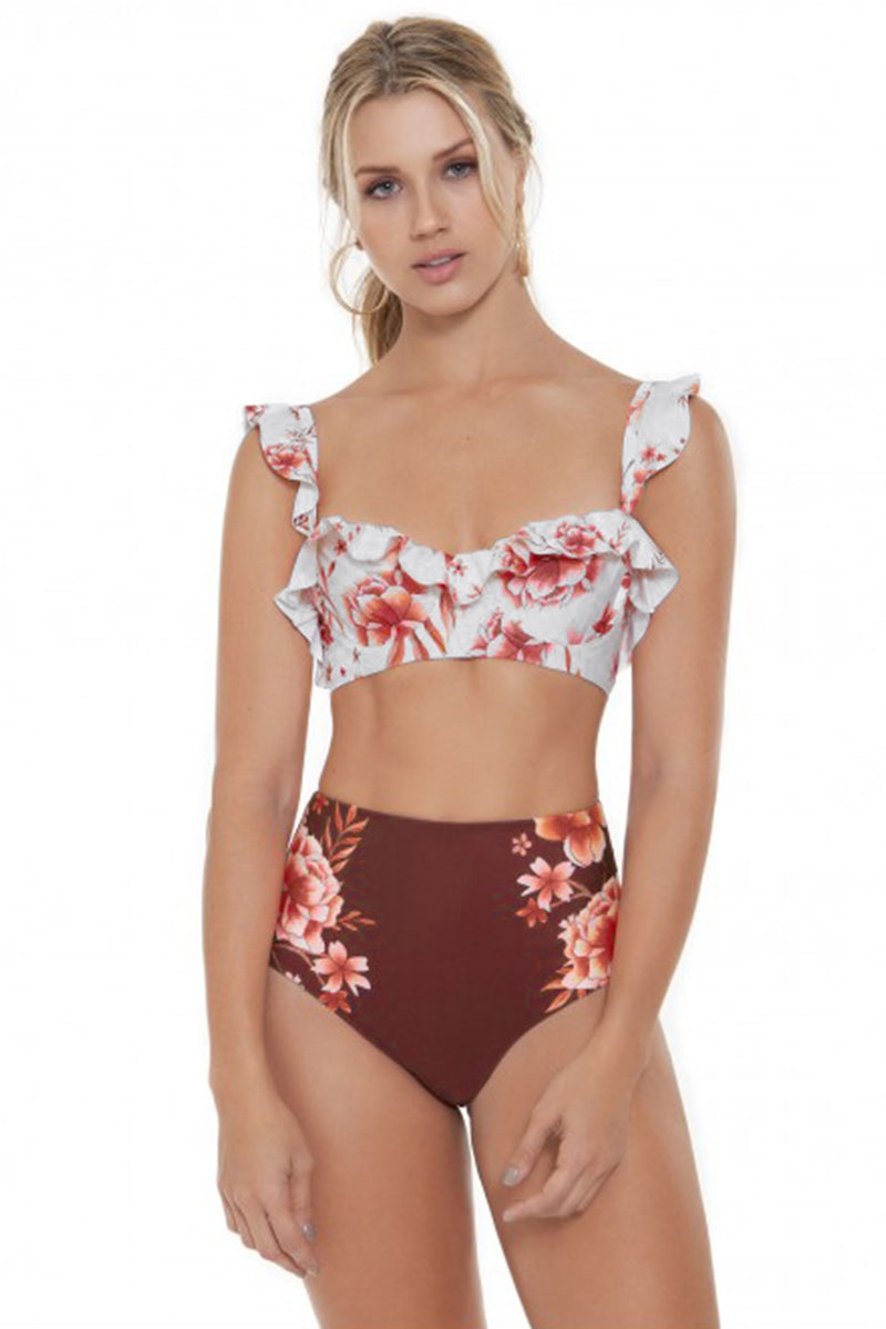 Red Floral High Waist Ruffle Underwire Bikini Swimsuit