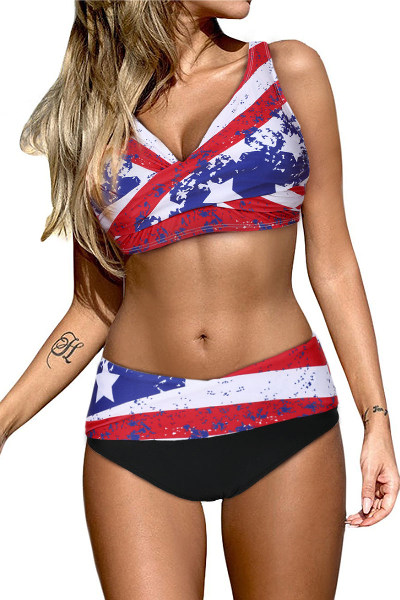 Red Tie-dye Flag Print Wrap V Neck Lace-up Back Bikini