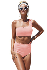 Pink High Waist Scalloped Trim One Shoulder Bikini