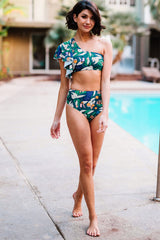 Green Floral Print Ruffled Single Shoulder High Waisted Swimsuit