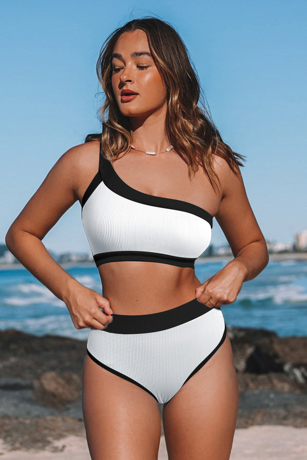 White One Shoulder Patchwork High-waisted Bikini Set