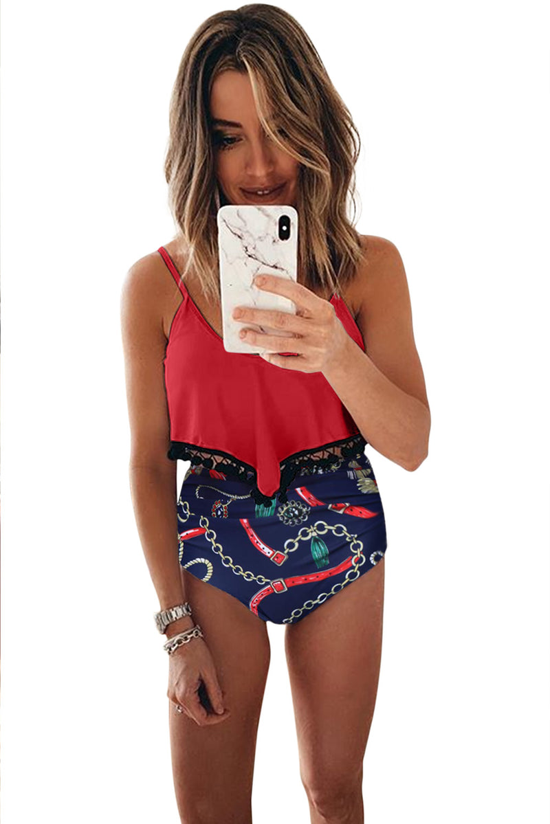 Red Print High Waist Swimsuit
