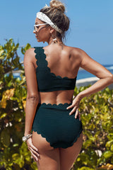 Green High Waist Scalloped Trim One Shoulder Bikini