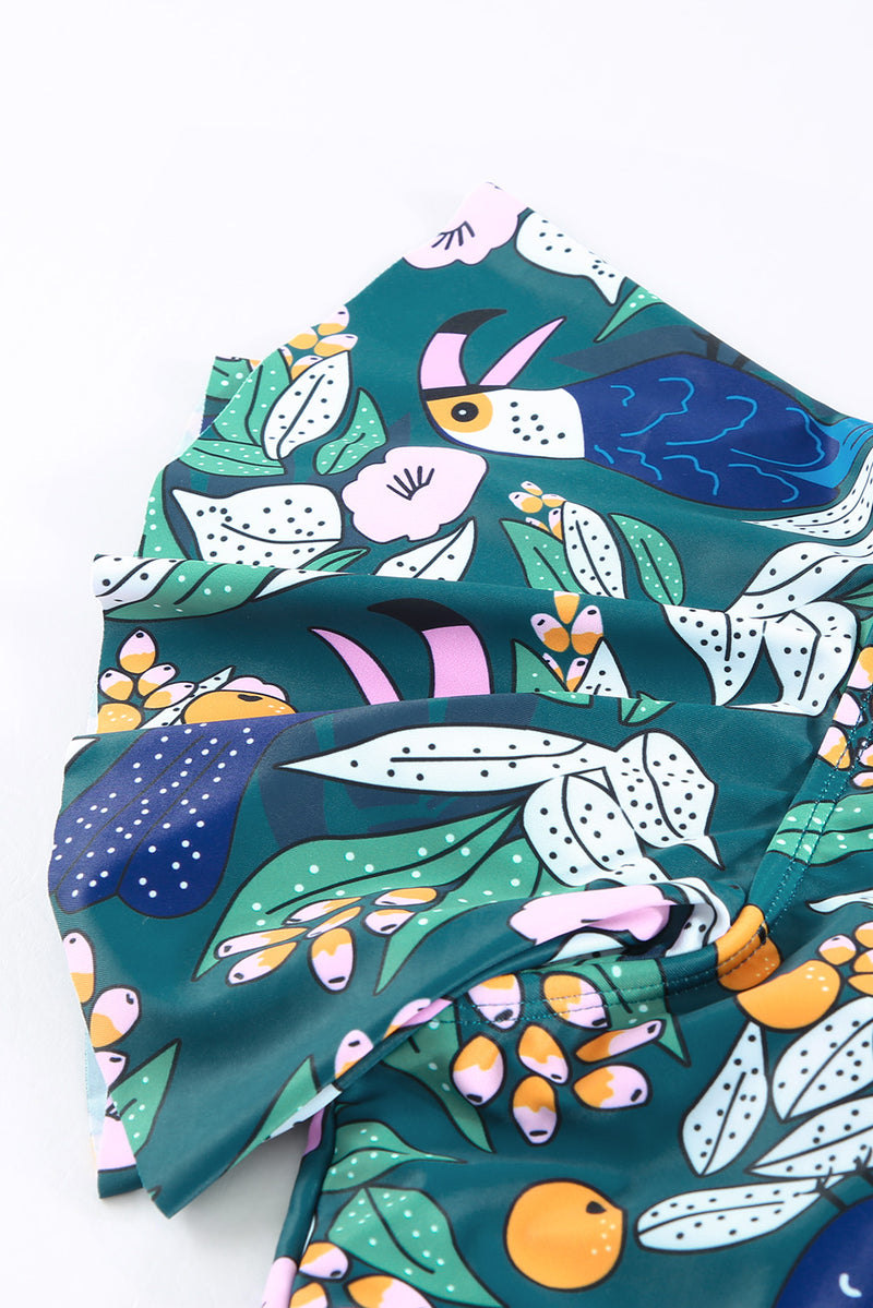 Green Floral Print Ruffled Single Shoulder High Waisted Swimsuit