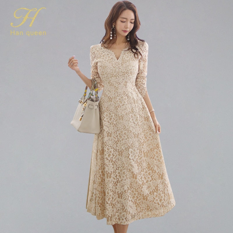H Han Queen Temperate A-line Lace Dress Women Spring Full Sleeve Long Swing Dresses OL Special Occasion Evening Party Vestidos
