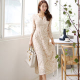 H Han Queen Temperate A-line Lace Dress Women Spring Full Sleeve Long Swing Dresses OL Special Occasion Evening Party Vestidos