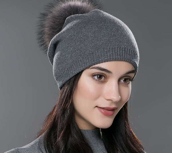 Winter women real fur pom pom hats