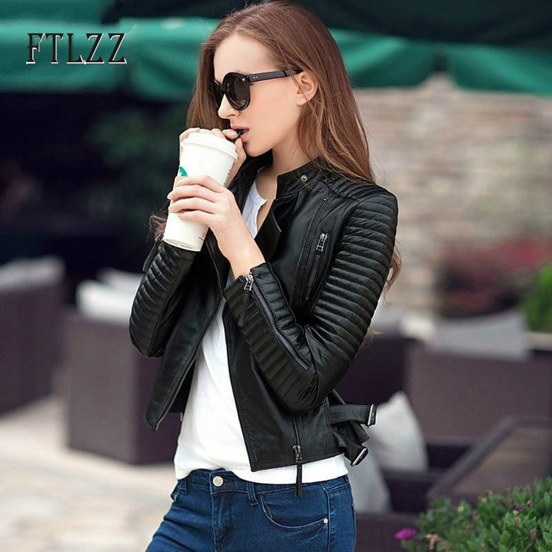 Women Turn-down Collar Zipper Ladies Fashion Pu Leather Coats