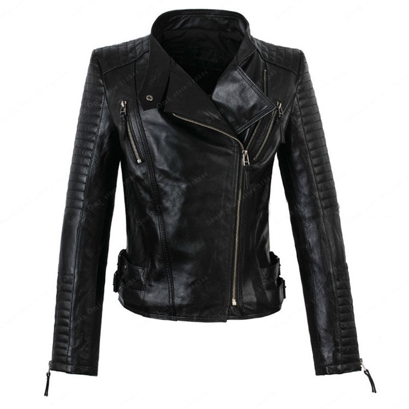 Women Turn-down Collar Zipper Ladies Fashion Pu Leather Coats