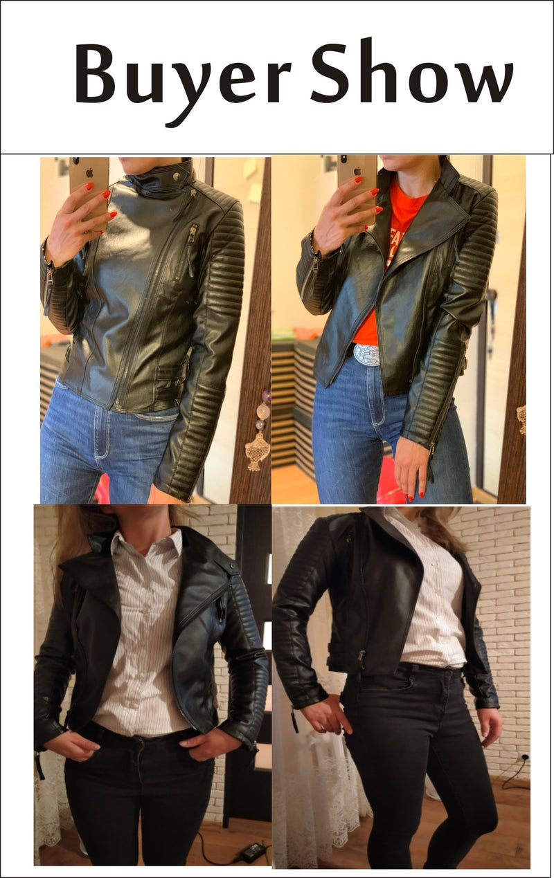 Women Turn-down Collar Zipper Ladies Fashion Pu Leather Coats