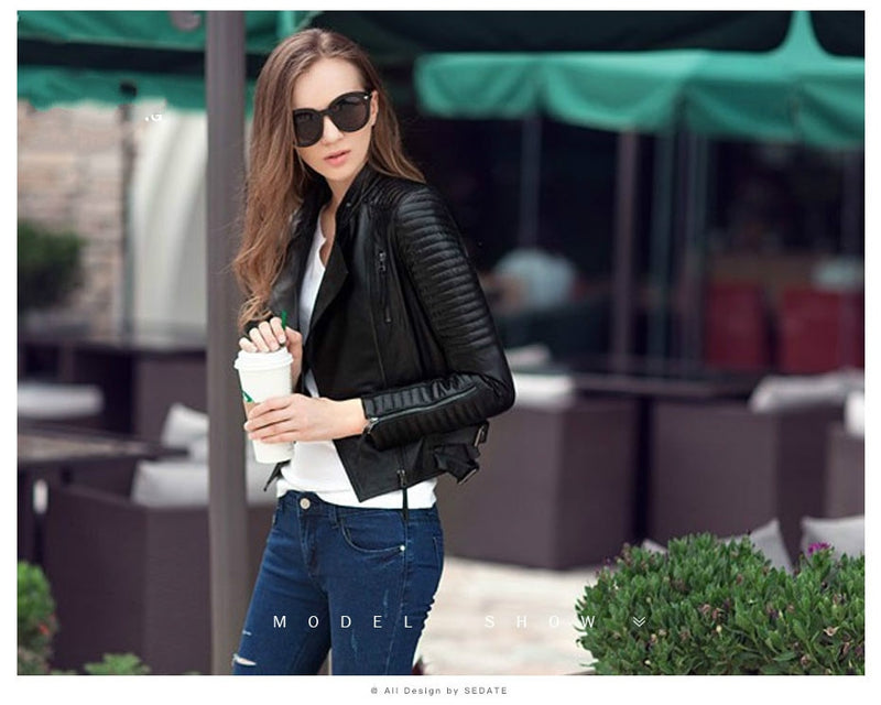 Women Turn-down Collar Zipper Ladies Fashion Pu Leather Coats