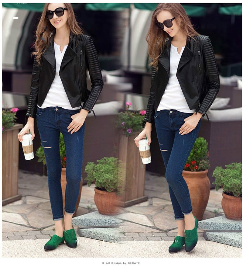 Women Turn-down Collar Zipper Ladies Fashion Pu Leather Coats