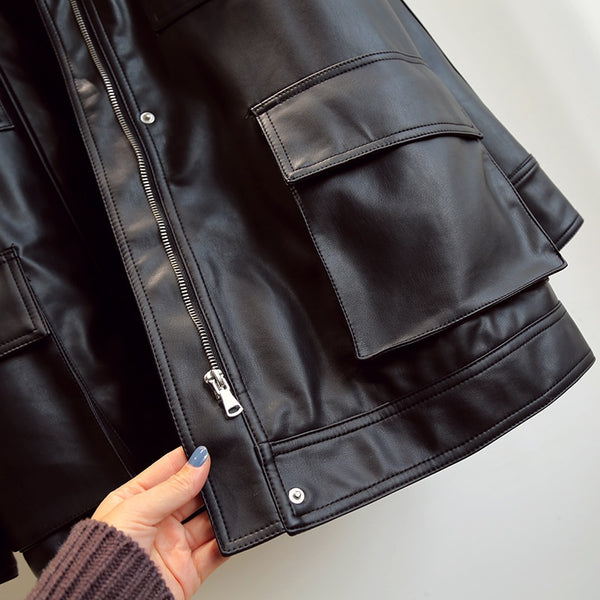 Slim PU Coats Women Faux Leather Elegant Tie Belt Waist Pockets Buttons Coats