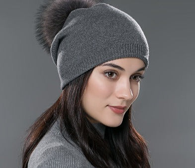 Winter women real fur pom pom hats