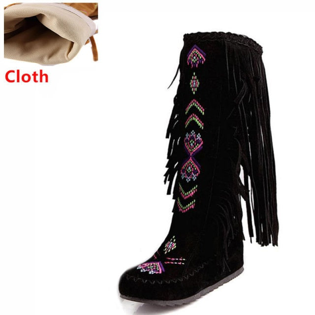 Flock Leather Women Fringe Flat Heels